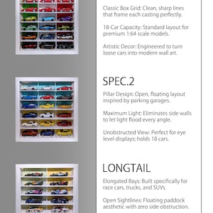 Pu&ograve; includere: Tre vetrine rettangolari bianche da parete per modellini di auto in scala 1:64. SPEC.1 presenta una griglia per 18 auto, SPEC.2 mostra un design a pilastri aperti per 18 auto e LONGTAIL offre 12 scomparti per veicoli lunghi.