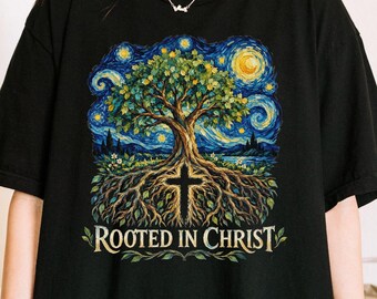 Rooted in Christ Shirt, Tree and Cross Christian Tee, Artistic Faith Comfort Colors Shirt, Church Gift