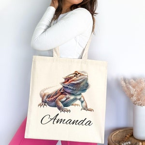 Custom Bearded dragon tote bag cotton canvas gift for reptile lover, Beardie mama personalized tote bag for bearded dragon gift