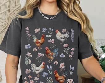 Floral chicken shirt Comfort colors gift for chicken lover, Cottagecore hen tshirt for farm girl graphic tee, Crazy chicken lady farmer gift