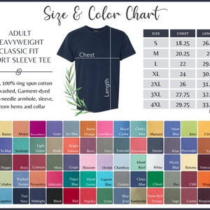 May include: A size and color chart for adult heavyweight classic fit short sleeve t-shirts. The chart shows sizes from S to 4XL with corresponding chest and length measurements in inches. The chart also includes a color palette with over 50 different colors.
