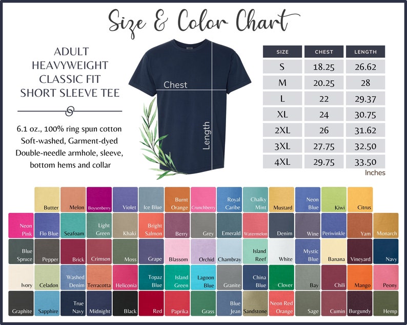 May include: A size and color chart for adult heavyweight classic fit short sleeve t-shirts. The chart shows sizes from S to 4XL with corresponding chest and length measurements in inches. The chart also includes a color palette with over 50 different colors.