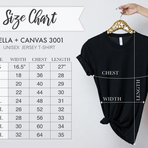 May include: Size chart for Bella + Canvas 3001 unisex jersey t-shirts. The chart shows measurements in inches for width, chest, and length for sizes XS to 5XL.