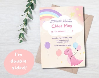 Pastel Dinosaur Birthday Invitation Pink Rainbow Dino Invitation Three Rex Birthday Invite Dinosaur Birthday Party Girl Chomp stomp rawr