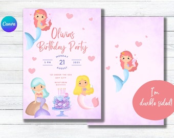 Mermaid party invitation A5. Birthday Invite Under the Sea Template . Rainbow Pink Mermaids Hearts . Editable