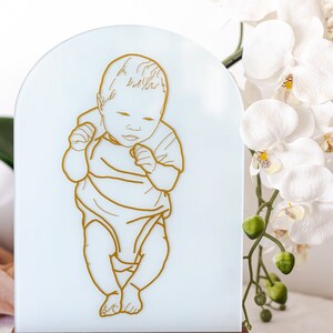 Evelet Designs Grand size acrylic perspex arch. Custom portrait of your baby illustrated and cut from your colour choice of vinyl. Pine or merbau base. You have the choice of colour for the background