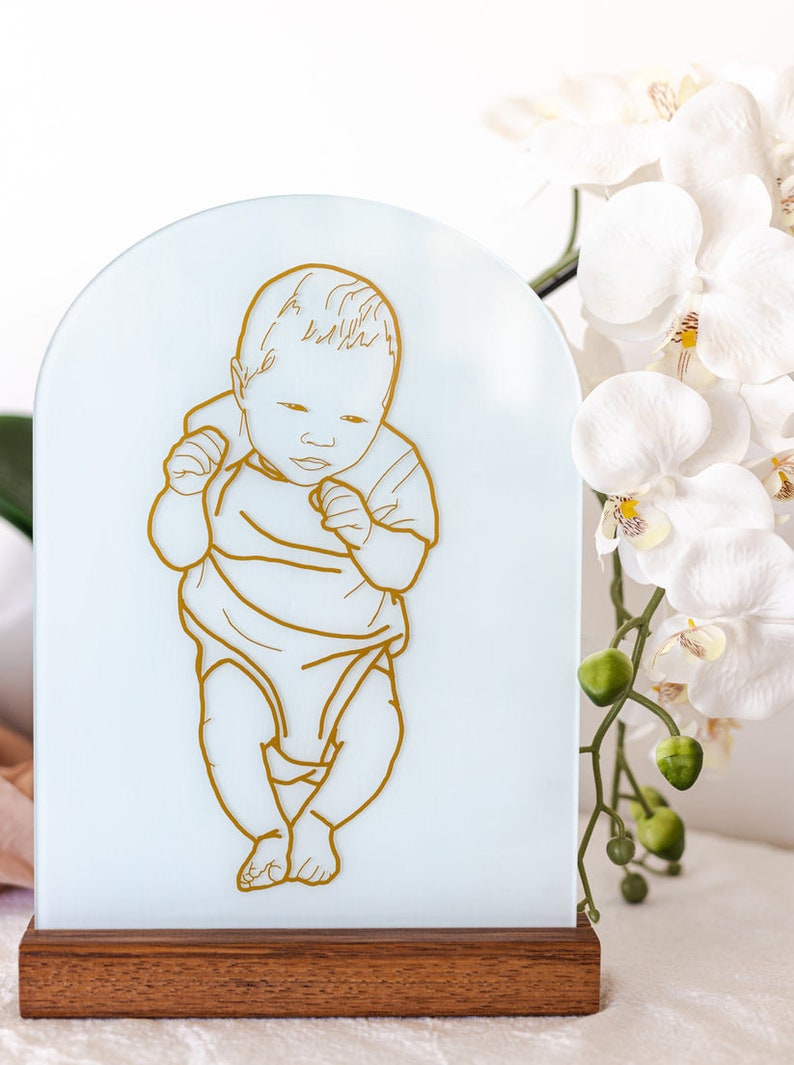 Evelet Designs Grand size acrylic perspex arch. Custom portrait of your baby illustrated and cut from your colour choice of vinyl. Pine or merbau base. You have the choice of colour for the background