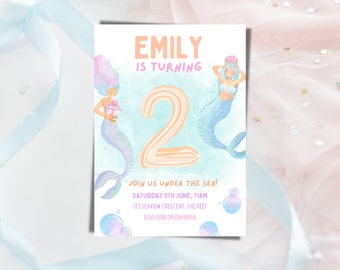 Under the Sea 2 years old party invitation . Birthday Invite Ocean Template . Mermaid Invitation . Editable Invitation Mermaids Pink Orange