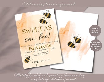 EDITABLE Sweet As Can Bee Baby Shower Invitation| Bee Baby Shower, Honey Bee, Honey Baby Shower, Sweet as can bee | Bumble Bee Invite