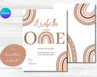 Editable Boho Rainbow Birthday Invitation, Rainbow Invitation, Rainbow Template, First Birthday Neutral Colour Rainbow ONE