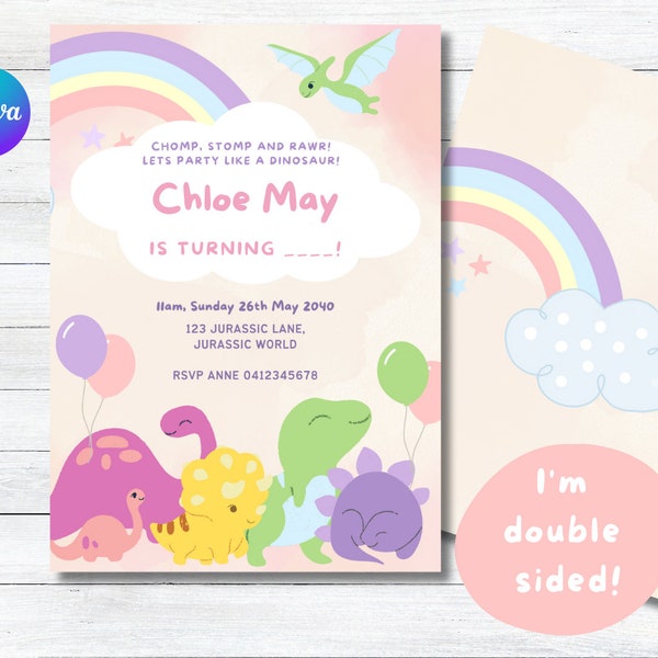 Pastel Dinosaur Birthday Invitation Pink Rainbow Dino Invitation Three Rex Birthday Invite Dinosaur Birthday Party Girl Chomp stomp rawr