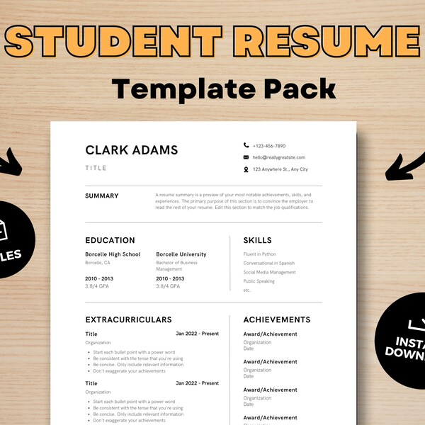 No Experience Student Resume Template, Clean, Simple, Modern, Minimalist for Internship, First Job, High School and College, ATS Friendly