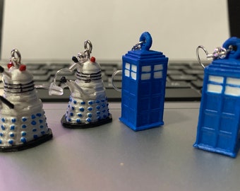 3D printed Doctor Who TARDIS and Dalek Earrings