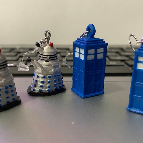 3D printed Doctor Who TARDIS and Dalek Earrings