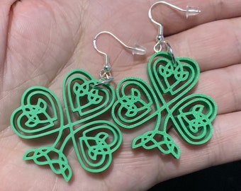 3D printed Celtic Knot Shamrock Earring.