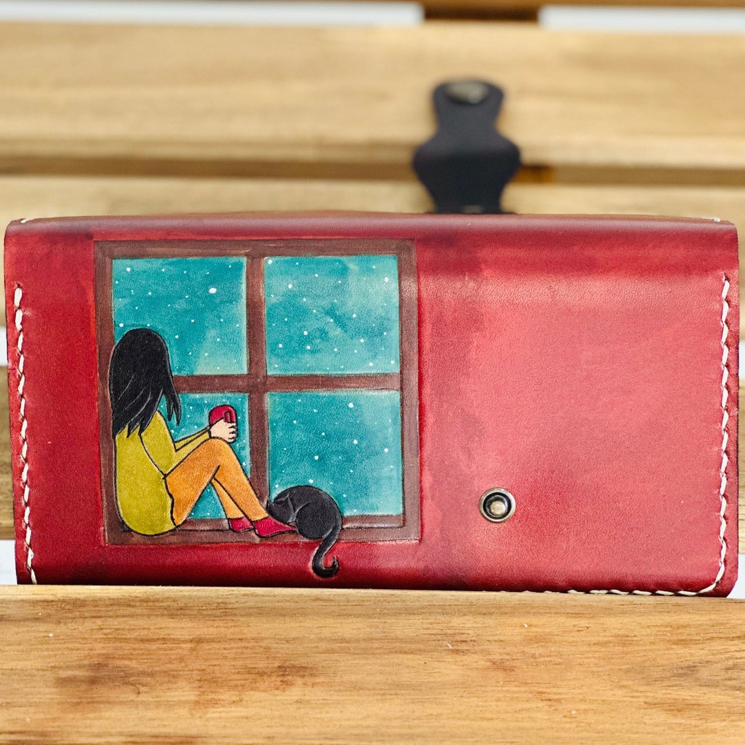 Cat and Coffee Hand Painted Leather Wallet, ,original Gift, Wallets