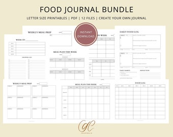 Food Journal Printable Bundle | Digital Food Diary | Meal Planner | Daily Food Log | Mindful Eating | Minimalist | PDF