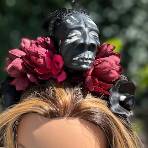 Shrunken Head Goth Tiki Hair Flower Crown/Headband (red and black)