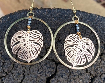 Gold Monstera Leaf Hoop Earrings
