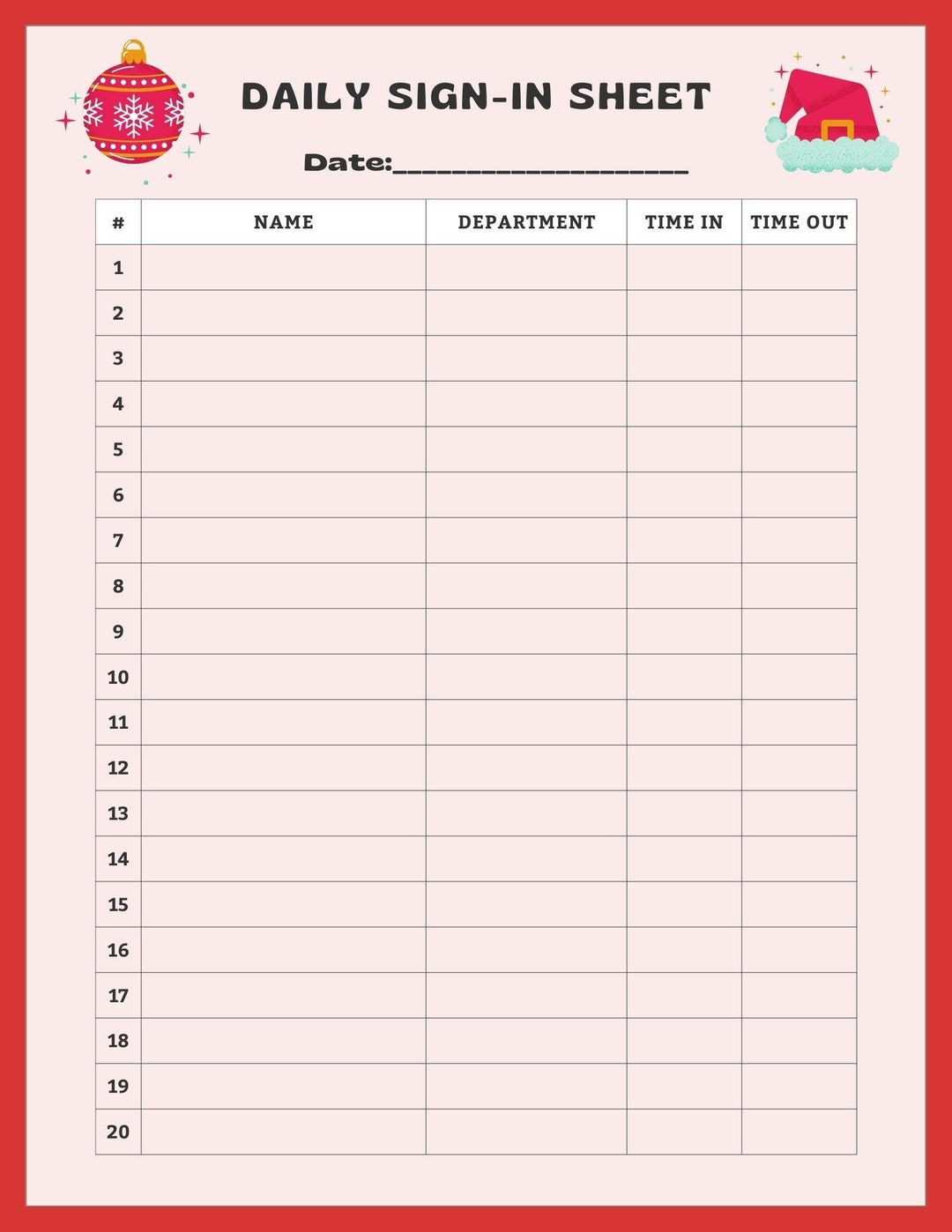 Daily Sign-in Sheet, Sign-in Sheet, Christmas Sign-in Sheet, Holiday ...