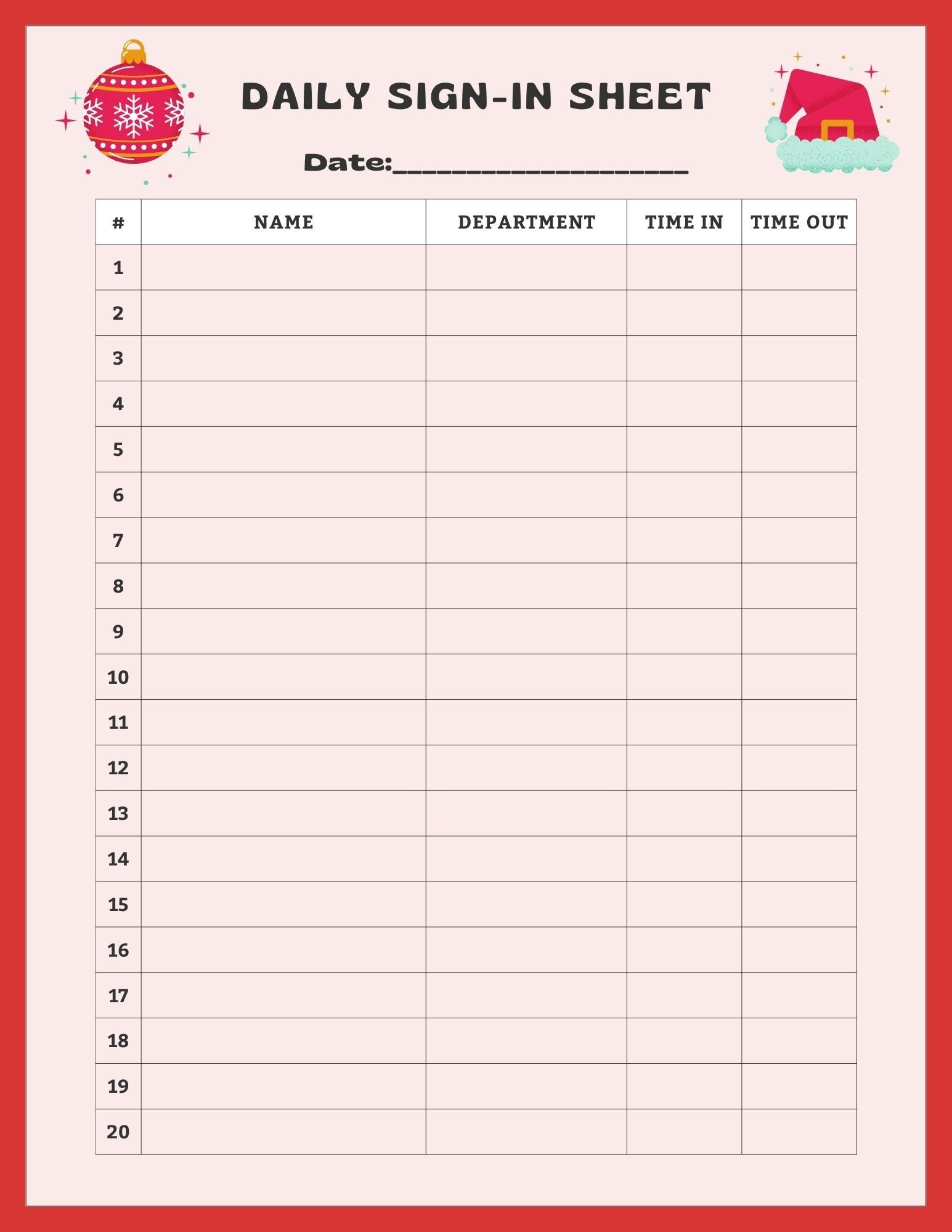 Daily Sign-in Sheet, Sign-in Sheet, Christmas Sign-in Sheet, Holiday ...