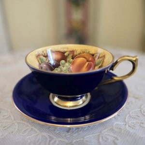 Aynsley Orchard Fruit Blue Cobalt Fine Bone China Tea Cup Set - Cup Saucer
