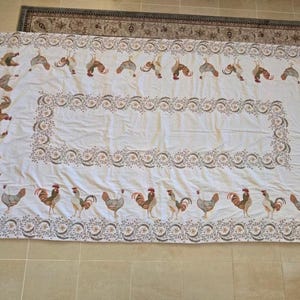 French Farm Tablecloth - Embroidered roosters, chickens and flowers