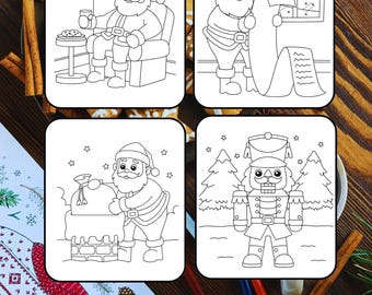 May include: Four black and white coloring pages featuring Santa Claus in different scenes. The first page shows Santa Claus sitting in a chair with a glass of milk and cookies. The second page shows Santa Claus reading a list. The third page shows Santa Claus climbing down a chimney. The fourth page shows a Nutcracker standing in front of a Christmas tree.
