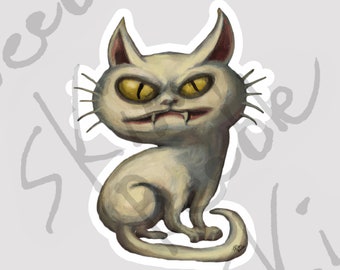 Scary but also cute cartoon cat painting, vinyl sticker