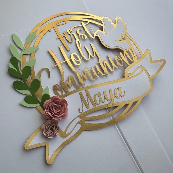 Custom First Holy Communion Cake topper, Cake topper with a name, Gold cake topper, Personalized Religious Cake topper, Communion Party