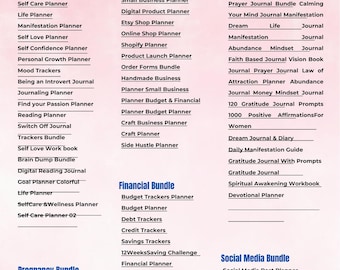 May include: A pink and white graphic with the text "200+ CANVA TEMPLATES - Part 1" and a list of different planner templates for personal development, business, manifestation, financial, pregnancy, and social media.