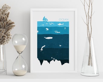 Ocean Wall Art, Science Infographic Print for Marine Lovers and Homeschooling Kids, Illustrated Sea Creatures, Wildlife Poster, Water Depths