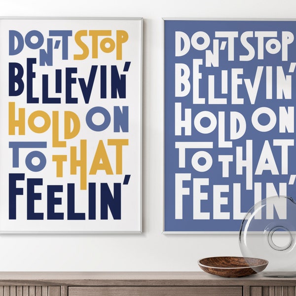 Songtexte Print "Don't Stop Believin", Musikliebhaber Geschenk, Typografie Poster, Fettes Wort Wandkunst in Gelb, Blau, Rot und Grau, motivierend