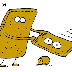 Op de afbeelding: Een cartoonillustratie van een bruine rechthoek met twee ogen en armen, die een andere bruine rechthoek met twee ogen gooit. De rechthoek die wordt gegooid, vliegt door de lucht.  Job 31 staat bovenaan de afbeelding.