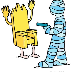 May include: A yellow cartoon chair with arms and legs is being held at gunpoint by a blue and white striped figure. The figure is holding a blue gun in its right hand. The text "Malachi 3" is written at the bottom of the image.