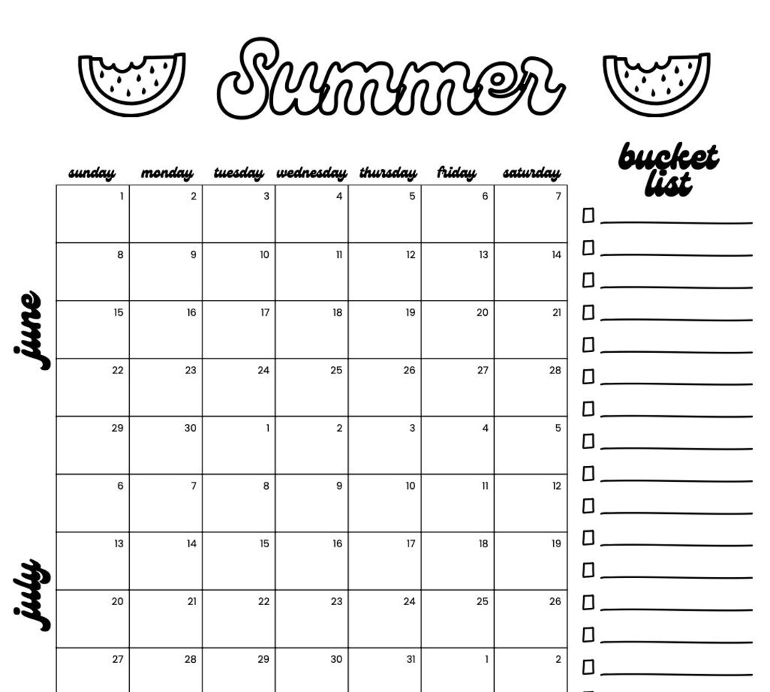 2025 Summer Calendar Printable and Summer Bucket List Etsy Canada