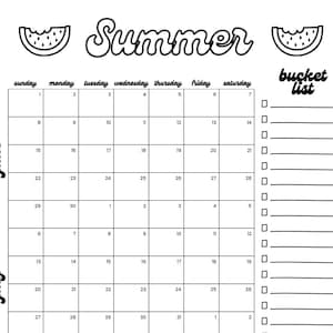 2025 Sommer Kalender zum Ausdrucken und Sommer Bucket List