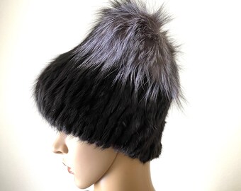 White MINK Knitted Hat W/fox, Size XL-26” Adjustable Band  display picture 1