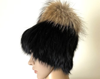 Mink Knitted Hat Woman's with a Real Silver Fox Fur Pom Pom Winter Hat Winter Hat Genuine Mink Fur Mink Knit Hat