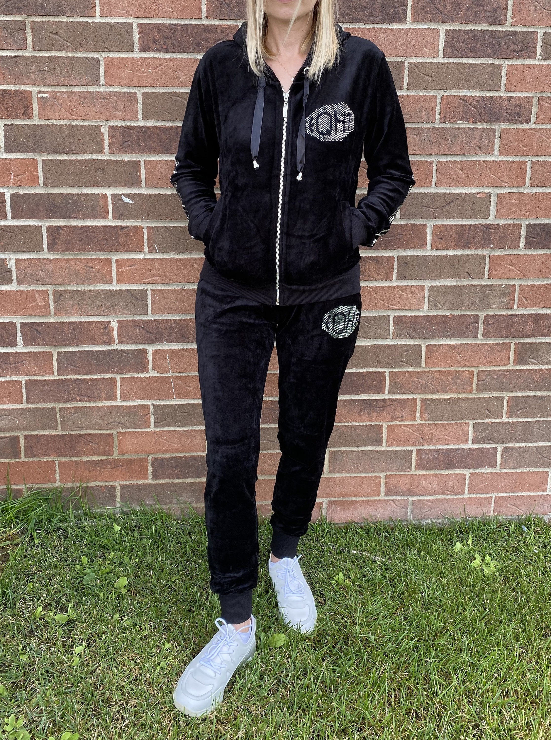 Black velour tracksuit womens online