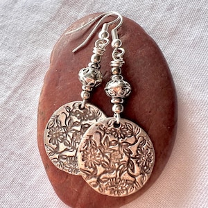 Handmade Antique Silver Dangle Earrings: Etched Floral Boho Jewelry