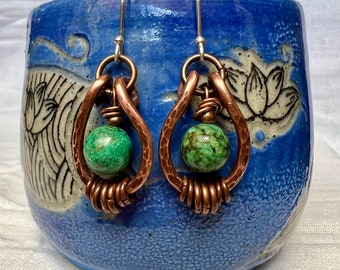 Hand hammered earrings, copper dangle earrings, African turquoise, rustic jewellery, lightweight, handmade, gift for her