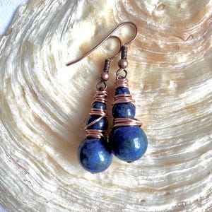 Lapis Lazuli Copper Earrings: Boho Dangle, Wire Wrapped