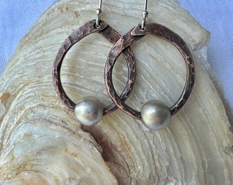 Hand Hammered Copper Earrings: Sterling Silver Bead Dangle, Rustic Boho Jewelry