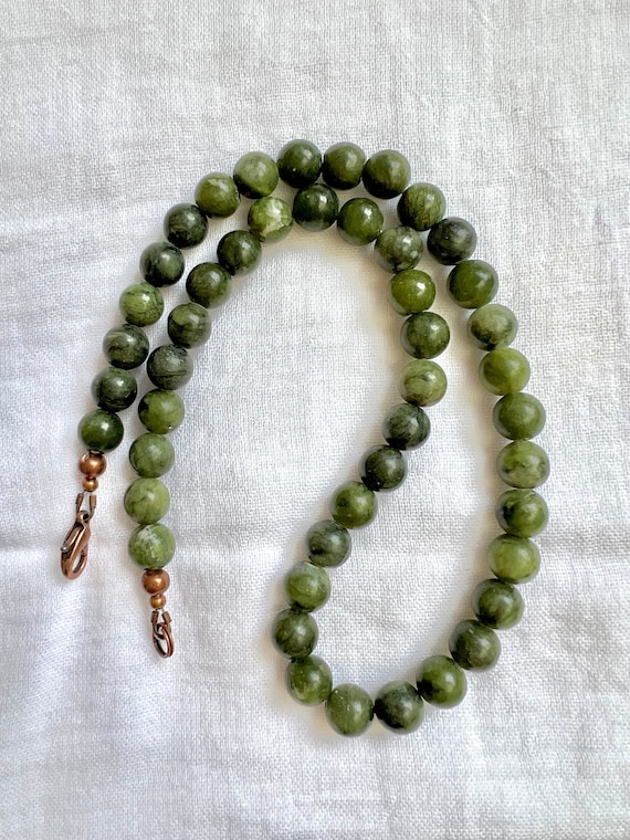 Chinese Jade Beaded Necklace: Copper Clasp Boho Statement Piece
