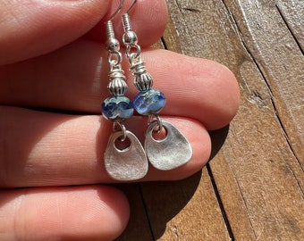 Czech glass, blue glass bead, antique silver charm, lightweight, handmade, everyday earrings, gift for her.