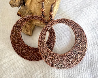 Antique Copper Boho Earrings: Floral Ethnic Design