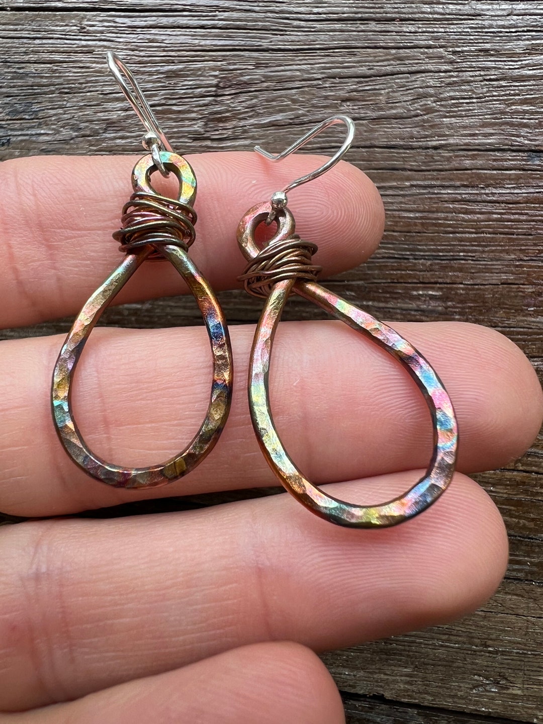 Flame Painted Earrings, Hammered Copper Earrings, Boho Earrings, Rustic