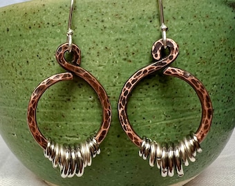 Hand Hammered Copper Earrings: Sterling Silver Ear Wires, Rustic Dangle Jewelry