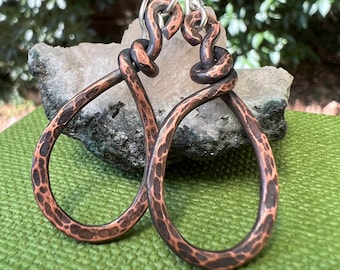 Hammered Copper Dangle Earrings: Rustic Sterling Silver Ear Wires
